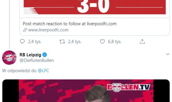 REAKCJA Twittera RB Lipsk na PORAŻKĘ Liverpoolu